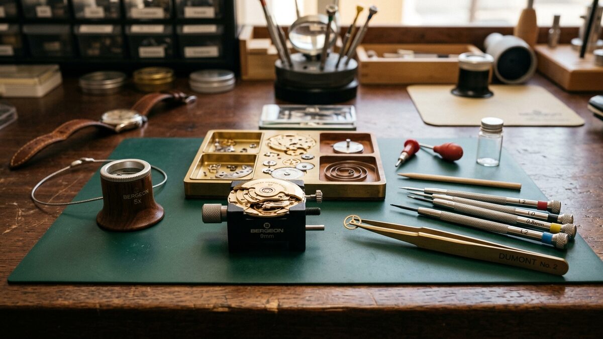 Watchmaker inspecting a Swiss watch movement before warranty certification